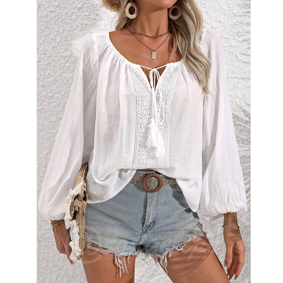 French Style White Blouse Top V-Neck with Tassel Ties - Picture 4 of 9